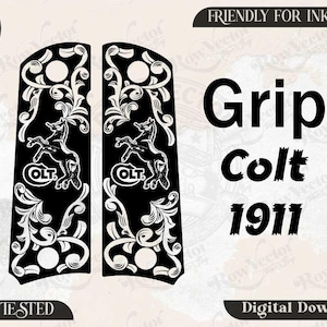 Puede incluir: Un archivo vectorial digital que presenta dos diseños de empuñadura de pistola Colt 1911 en negro con volutas florales blancas y un logotipo de caballo encabritado. La imagen incluye el texto Row vector svg, Grip Colt 1911, SVG, PNG, DXF, JPEG, EZCAD TESTED, Digital Download.