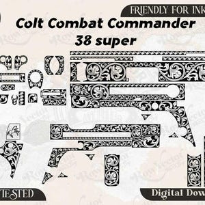 Pode incluir: Um conjunto de ficheiros vetoriais digitais para uma Colt Combat Commander 38 super, com padrões complexos de volutas florais pretas num fundo claro. A imagem inclui etiquetas de texto para SVG, PNG, DXF, JPEG e Friendly for Inkspace.