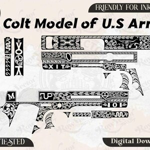 Modello Colt dell'esercito americano con incisioni profonde e motivi a volute vettoriali, incisione su carrello di pistola Ai, Svg, Dxf, Png, motivo a filigrana per armi da fuoco, file per laser a fibra.