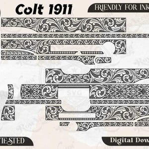 Pode incluir: Um conjunto de arquivos digitais com padrões de volutas em preto e branco para uma Colt 1911. A imagem inclui etiquetas de texto para SVG, PNG, DXF, JPEG, Row vector svg, Friendly for Inkspace, Ezcad tested e Digital download.