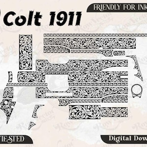 Op de afbeelding: Een digitale vectorbestandsset voor een Colt 1911 met ingewikkelde zwarte florale krulpatronen op een lichte achtergrond. De afbeelding bevat tekstlabels zoals Colt 1911, SVG, PNG, DXF, JPEG, Friendly for Inkspace en EZCAD Tested.