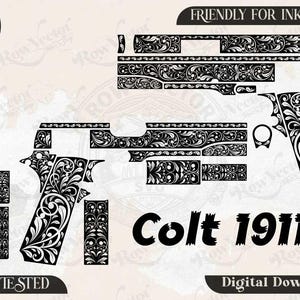 Colt 1911 rulldesign djupgravyr, rullmönster för pistolslide, gravyr i AI, Svg, Dxf, Png, skjutvapenfiligranmönster, fiberlaserfiler.