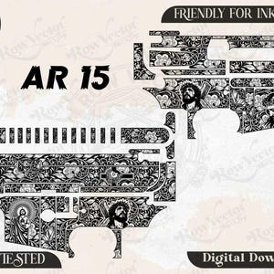 May include: A black and white digital vector file for an AR-15 firearm wrap featuring intricate floral patterns and religious imagery, including depictions of Jesus Christ. The design includes text labels for SVG, PNG, DXF, JPEG, and EZCAD TESTED.