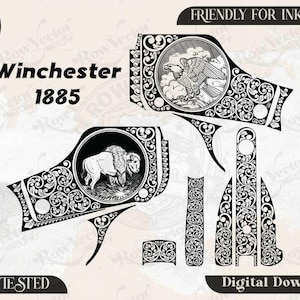 Peut inclure: Un fichier vectoriel numérique noir et blanc pour un Winchester 1885 avec des gravures à volutes complexes. Le design comprend un emblème circulaire représentant un aigle et un bison, ainsi que divers motifs pour pièces d'armes à feu.