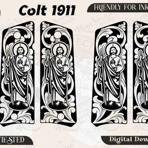 Pode incluir: Um design gráfico digital para empunhaduras de pistola Colt 1911, apresentando uma ilustração em preto e branco de uma figura segurando um cajado, cercada por padrões de volutas ornamentadas. A imagem inclui rótulos para formatos SVG, PNG, DXF e JPEG.