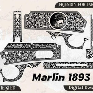 Pode incluir: Um conjunto de arquivos vetoriais digitais para Marlin 1893 com intrincadas gravuras de volutas pretas. O design inclui várias formas de componentes de armas de fogo, uma ilustração circular de um cervo e o texto Marlin 1893, SVG, PNG, DXF, JPEG e Friendly for Inkscape.