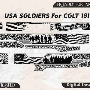 Puede incluir: Un archivo de diseño gráfico digital en blanco y negro titulado USA SOLDIERS For COLT 1911. El diseño presenta siluetas de soldados, la bandera estadounidense, la Estatua de la Libertad, volutas florales y una pancarta con el texto IN GOD WE TRUST.