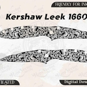 Puede incluir: Un archivo gráfico vectorial digital que presenta dos ilustraciones en blanco y negro de un cuchillo Kershaw Leek 1660. Los diseños de los cuchillos están cubiertos con un intrincado patrón floral. La imagen incluye etiquetas para SVG, PNG, DXF, JPEG y Digital Download.