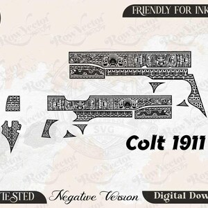 May include: A digital vector file set for a Colt 1911 featuring intricate black and white tribal-style patterns. The design includes various firearm component shapes, decorative engravings, and the text Colt 1911, Friendly for Inkspace, and Negative Version.