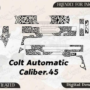 Colt Automatic Kaliber .45 Djupgravering Scrollwork Vektor, Vapenslidegravyr svg, dxf, Skjutvapen Filigranmönster Laserfiler