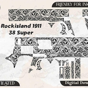 May include: A digital vector file set featuring intricate black and white scrollwork engravings for a Rockisland 1911 38 Super firearm. The design includes various component patterns, text labels for SVG, PNG, DXF, JPEG formats, and the text Friendly for Inkspace.