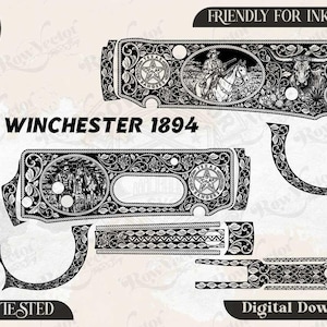 Op de afbeelding: Een zwart-wit digitaal vectorbestand voor een Winchester 1894 met ingewikkelde florale krulgravures, een Texas Ranger ster-embleem, een cowboy te paard en een longhorn stier. Het ontwerp bevat meerdere onderdelen voor lasergraveren.