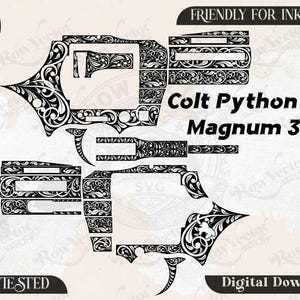 Può includere: Un file vettoriale digitale con un motivo a volute ornamentali in bianco e nero a forma di revolver Colt Python 357 Magnum 3in. Il design include etichette di testo per SVG, PNG, DXF, JPEG, Row vector svg, Friendly for Inkspace e Ezcad tested.