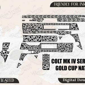 Pode incluir: Um arquivo vetorial digital apresentando um padrão de gravação de volutas intrincado em preto e branco, projetado para uma arma de fogo Colt MK IV Series 70 Gold Cup Nation. O gráfico inclui várias formas de componentes com motivos florais detalhados.