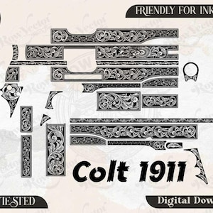 Pode incluir: Um conjunto de ficheiros vetoriais digitais com gravuras complexas de volutas florais para uma pistola Colt 1911. O design a preto e branco inclui vários padrões de componentes e o texto Row vector svg, Friendly for Inkspace, Colt 1911, Ezcad tested.