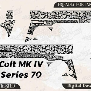 Peut inclure: Un graphique vectoriel numérique en noir et blanc présentant des motifs de volutes florales complexes conçus pour un Colt MK IV Series 70. L'image comprend diverses formes de composants d'arme à feu, le texte Colt MK IV Series 70 et des étiquettes.