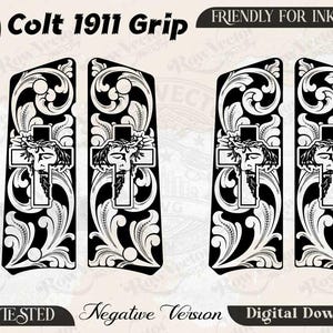 Pode incluir: Um design gráfico digital para empunhaduras de Colt 1911 com uma ilustração em preto e branco de uma cruz com um rosto usando uma coroa de espinhos, cercado por padrões de volutas intrincados. A imagem inclui etiquetas de texto SVG, PNG, DXF e JPEG.