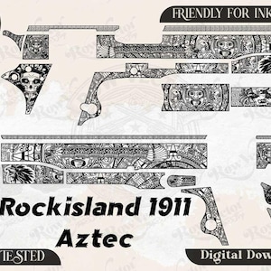 Puede incluir: Un archivo vectorial digital en blanco y negro para una pistola Rock Island 1911 con grabados complejos de inspiración azteca. El diseño incluye patrones detallados, motivos de calaveras y bordes geométricos, disponible como descarga digital.