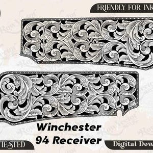 Puede incluir: Un archivo gráfico digital que presenta dos patrones de volutas en blanco y negro diseñados para un receptor Winchester 94. La imagen incluye las etiquetas de texto: Row vector svg, SVG, PNG, DXF, JPEG, FRIENDLY FOR INKSPACE, Winchester 94 Receiver, EZCAD TESTED y Digital Download.