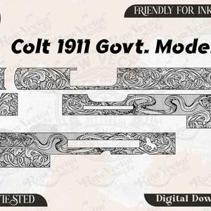 Peut inclure: Un ensemble de fichiers vectoriels numériques pour un modèle Colt 1911 Govt. avec des gravures complexes de volutes et de serpents en noir et blanc. Le design inclut les formats SVG, PNG, DXF et JPEG, marqué comme téléchargement numérique.
