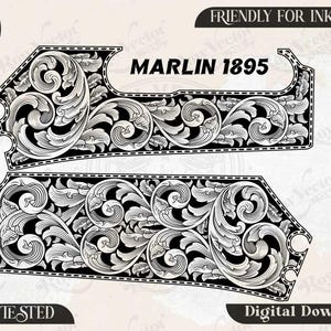 Puede incluir: Un conjunto de archivos digitales con patrones de volutas en blanco y negro para un Marlin 1895. El diseño incluye dos placas laterales y una envoltura de palanca con grabados florales. El texto incluye Row vector svg, Friendly for Inkspace, Marlin 1895, Ezcad tested, Digital download, SVG, PNG, DXF y JPEG.