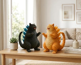 May include: Two cat figurines standing on hind legs, one black with blue dorsal fins and one orange with yellow dorsal fins. Both have open mouths and textured fur. Beside them are a small succulent in a pot and a stack of two books.