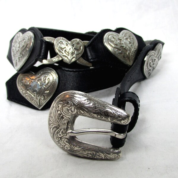 Vintage Style Black Leather Belt w/ Tooled Silver Metal Hearts and Tooled Buckle by Tony Lama Size 30 Boho Gypsy Rock n Roll Biker Western