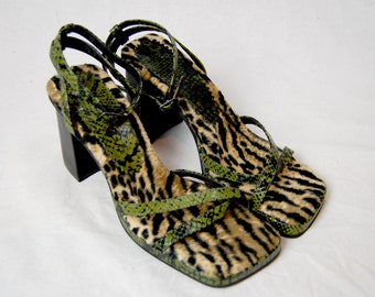 FREE SHIPPING Vintage 90s Leopard Print Green Snake Skin Print Rampage Sandals Chunky Heels Platforms Grunge Goth Raver Clubkid Size 7 7.5