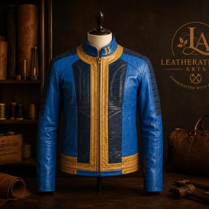 May include: A blue and gold leather jacket featuring a stand-up collar with the number 33 embroidered in gold. The jacket has a central gold zipper, textured dark blue panels on the chest, and ribbed detailing on the shoulders and sleeves.