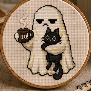 Grumpy Ghost Cross Stitch Pattern, Funny Ghost and Black Cat, Spooky Cute Halloween Cross Stitch, Gothic PDF Instant Download