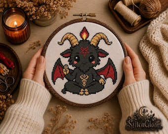 Simpatico schema per punto croce di Bafometto in stile gotico, ricamo di Bafometto gotico, punto croce gotico spettrale e carino, ricamo occulto, PDF digitale