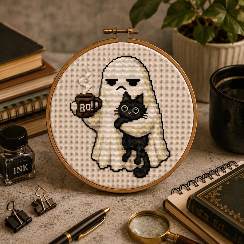 Pu&ograve; includere: Un telaio da ricamo circolare in legno contenente un motivo a punto croce di un fantasma bianco con un'espressione imbronciata che tiene in mano una tazza marrone con la scritta BO! e un gatto nero. Il fantasma e il gatto sono ricamati su tessuto.