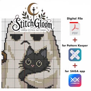 Pu&ograve; includere: Uno schema digitale a punto croce di StitchGloom con un design a griglia di un gatto grande che tiene in braccio un gatto nero pi&ugrave; piccolo. Il file include un PDF, un formato per Pattern Keeper e un formato per l'app SAGA, con le icone.