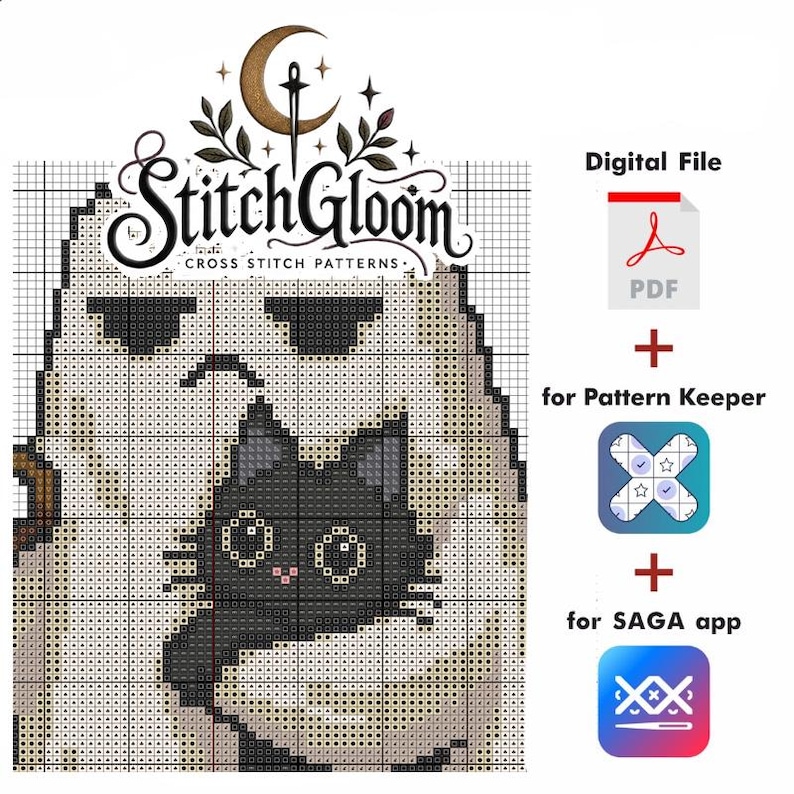 Pu&ograve; includere: Uno schema digitale a punto croce di StitchGloom con un design a griglia di un gatto grande che tiene in braccio un gatto nero pi&ugrave; piccolo. Il file include un PDF, un formato per Pattern Keeper e un formato per l'app SAGA, con le icone.