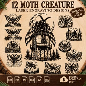 Könnte beinhalten: Eine Sammlung von 12 schwarzen Motten-Kreatur-Lasergravur-Designs mit verschiedenen Szenen mit Monden, Wäldern und Strukturen. Der Text lautet 12 MOTH CREATURE LASER ENGRAVING DESIGNS, COMMERCIAL USE INCLUDED und DIGITAL DOWNLOAD ONLY.