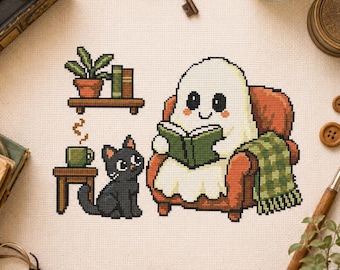 Schema per punto croce "Fantasma accogliente che legge", ricamo con un simpatico fantasma e un gatto nero, punto croce a tema libri, schema digitale PDF spettrale e carino