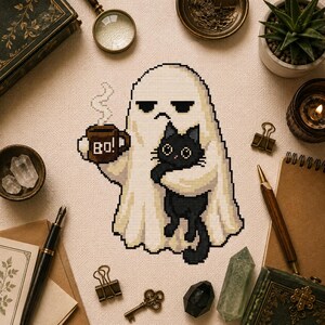 Pu&ograve; includere: Un ricamo a punto croce su tessuto chiaro raffigurante un fantasma bianco con un'espressione imbronciata che tiene in mano una tazza marrone con il testo BO! e un piccolo gatto nero. Il design &egrave; in stile pixel con contorni neri netti.
