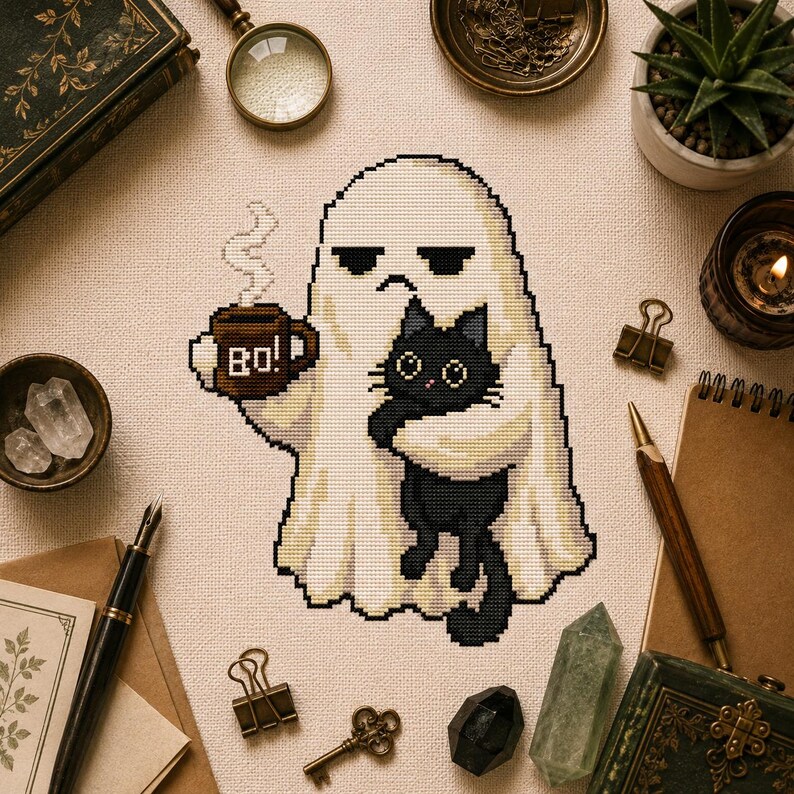 Pu&ograve; includere: Un ricamo a punto croce su tessuto chiaro raffigurante un fantasma bianco con un'espressione imbronciata che tiene in mano una tazza marrone con il testo BO! e un piccolo gatto nero. Il design &egrave; in stile pixel con contorni neri netti.