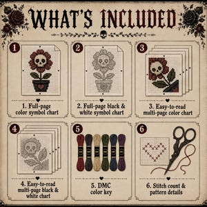Pu&ograve; includere: Un foglio informativo per un kit a punto croce intitolato WHAT'S INCLUDED. Mostra sei sezioni numerate: uno schema a colori, uno schema in bianco e nero, schemi multipagina, una legenda colori DMC e dettagli relativi al conteggio dei punti.