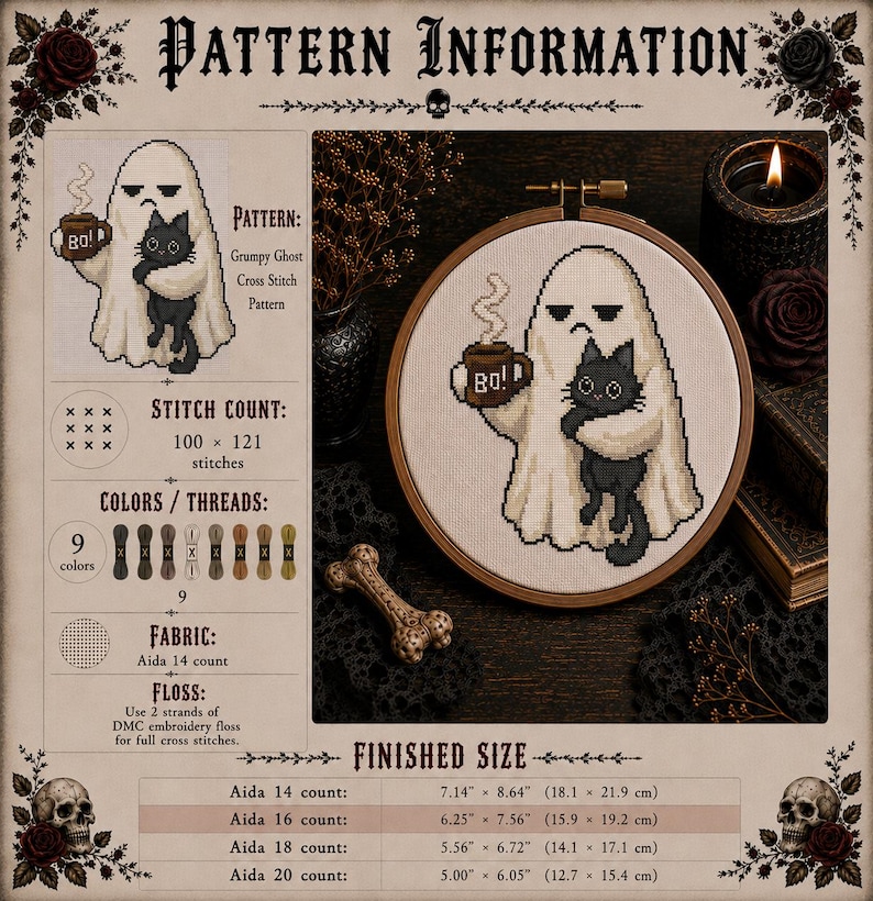 Pu&ograve; includere: Una scheda informativa per un motivo a punto croce con un fantasma imbronciato che tiene in mano una tazza con la scritta BO! e un gatto nero. Il disegno &egrave; mostrato in un telaio da ricamo in legno. La scheda include il numero di punti, 9 colori di filo, il tipo di tessuto e le dimensioni finite in pollici e centimetri.
