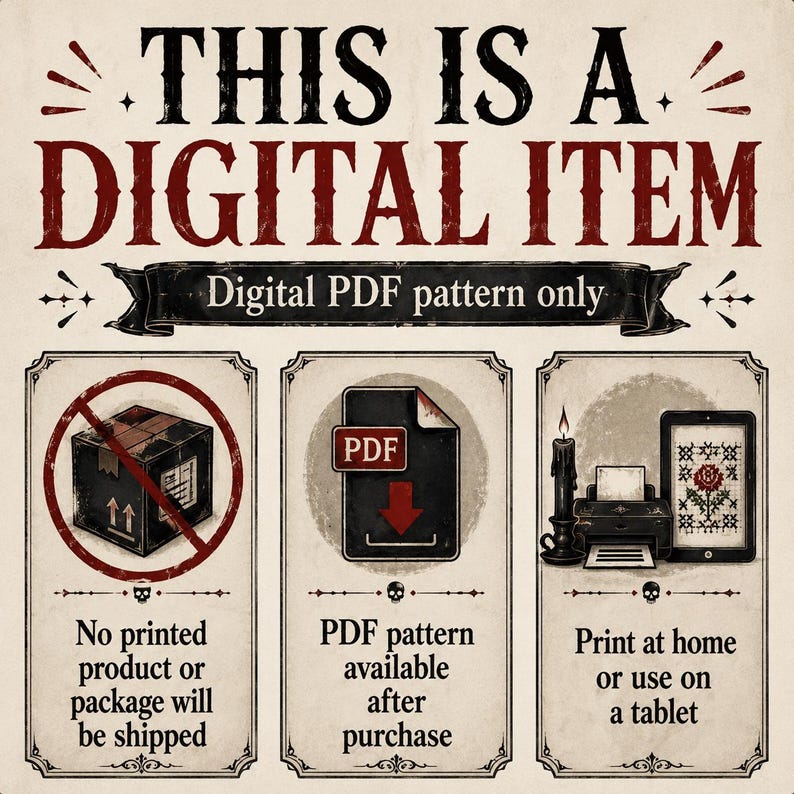 Pu&ograve; includere: Un grafico informativo digitale con il testo THIS IS A DIGITAL ITEM e Digital PDF pattern only. Include tre pannelli che mostrano una scatola di spedizione barrata, un'icona di download PDF e una stampante con un tablet con motivo floreale.