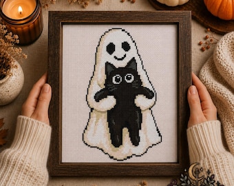 Schema per punto croce di fantasma e gatto nero, ricamo di fantasma carino, punto croce spettrale e carino per Halloween, schema digitale PDF di gatto gotico