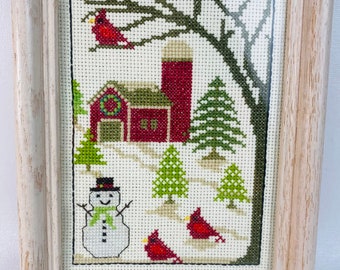 Vintage 1970s Winter Christmas Red Barn Snowman Red Cardinals Wood Framed