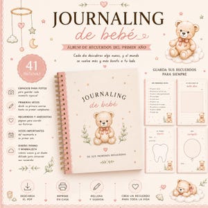 Op de afbeelding: Een baby-herinneringsdagboek met spiraalbinding, voorzien van een lichtroze kaft met een illustratie van een teddybeer en de tekst 'JOURNALING de bebé'. De set bevat 41 pagina's voor foto's, mijlpalen en anekdotes, versierd met zachte afbeeldingen van sterren, hartjes en wolken.