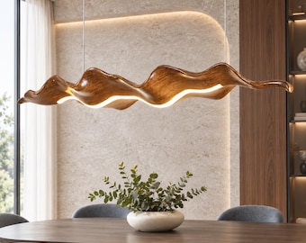 Sculptural LED Pendant Light, Dimmable Resin Wave Fixture for Dining Room or Kitchen Island