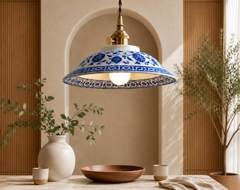 Ceramic Pendant Light, Blue Floral Design, Copper Finish, Adjustable Cord