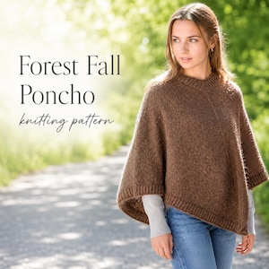 May include: A brown knitted poncho with a V-neckline and ribbed trim, featuring the text Forest Fall Poncho knitting pattern. The garment is worn over a light grey long-sleeved shirt and blue denim jeans, showcasing a textured, wool-like knit.