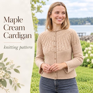 Maple Cream Cardigan Knitting Pattern PDF, Womens Round Yoke Cable Cardigan, Top Down Button Sweater, 7 Sizes, Magic Loop, Instant Download