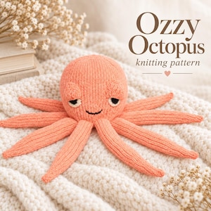May include: A peach-colored knitted octopus toy with eight long tentacles, embroidered eyes, and a small stitched mouth. The text Ozzy Octopus knitting pattern is displayed in brown lettering above the toy, accompanied by a small heart icon.