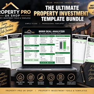 May include: A digital property investment template bundle displayed on a laptop screen, featuring a BRRR deal analyzer, checklists, and trackers. The set includes a black mug with gold text, a black notebook, and a pen, all set against a house background.